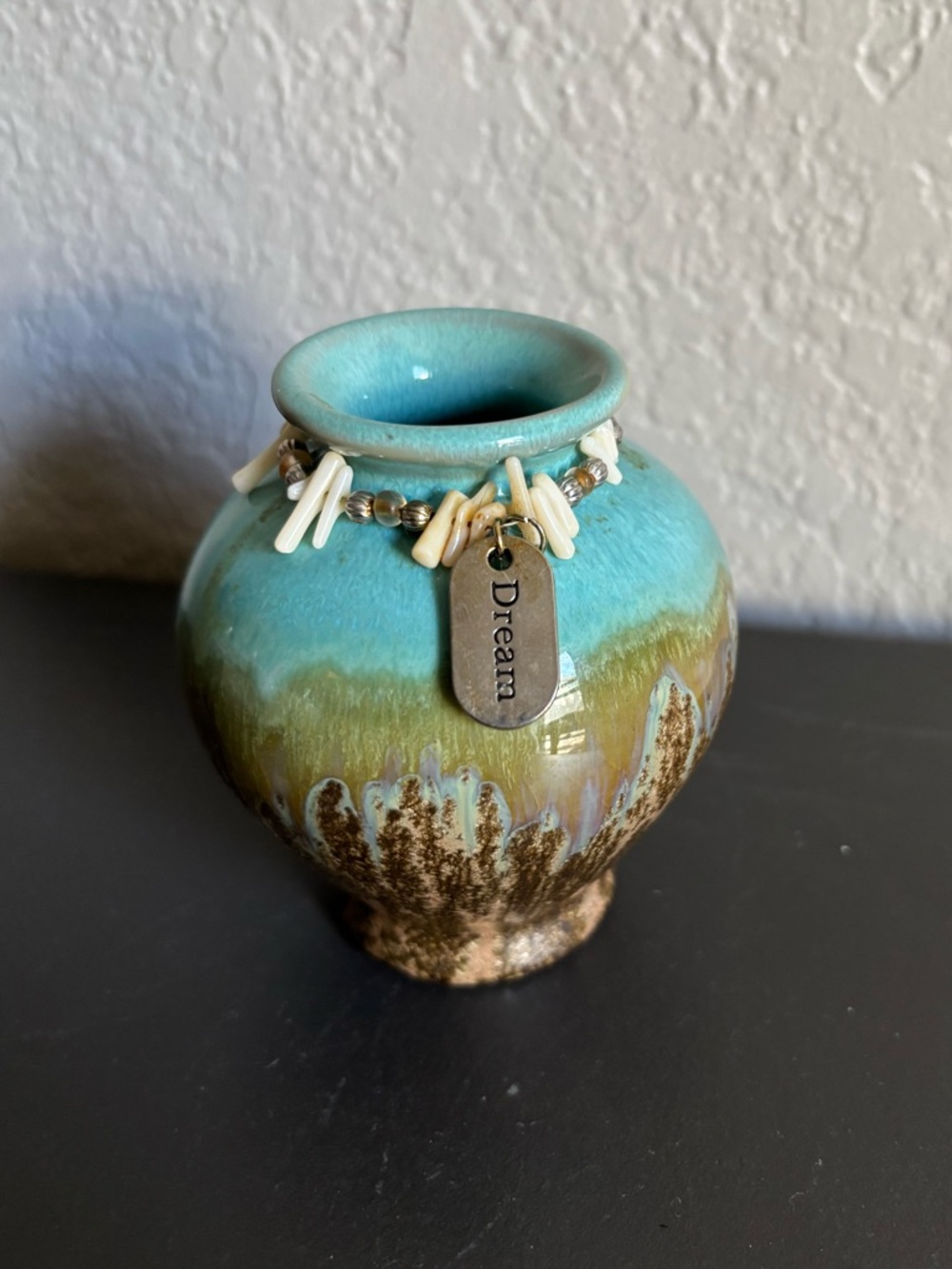 Small Turquoise and Brown Ceramic Vase with Beaded Detail